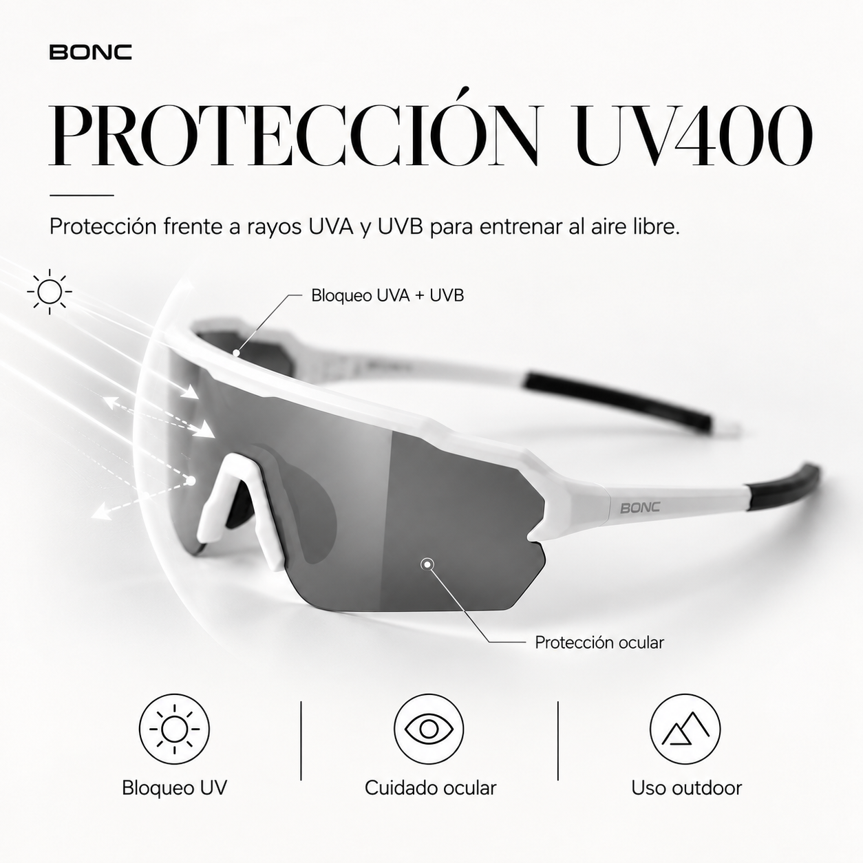 Anteojos deportivos BONC con protecci&oacute;n UV400 frente a rayos UVA y UVB.